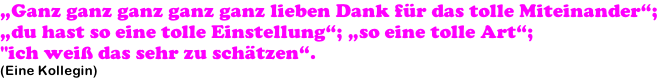 „Ganz ganz ganz ganz ganz lieben Dank für das tolle Miteinander“;  „du hast so eine tolle Einstellung“; „so eine tolle Art“;  "ich weiß das sehr zu schätzen“. (Eine Kollegin)