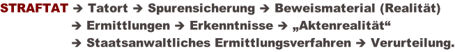 STRAFTAT è Tatort è Spurensicherung è Beweismaterial (Realität)                   è Ermittlungen è Erkenntnisse è „Aktenrealität“                   è Staatsanwaltliches Ermittlungsverfahren è Verurteilung.
